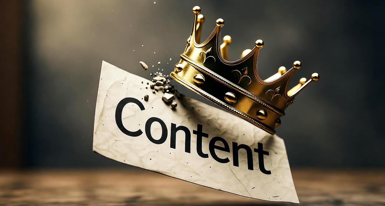 Illustration of a crown being knocked off a piece of paper labeled "Content"