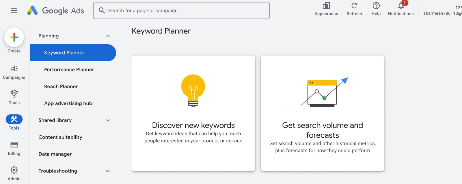 Google Keyword Planner dashboard for keyword ideas and volume ranges