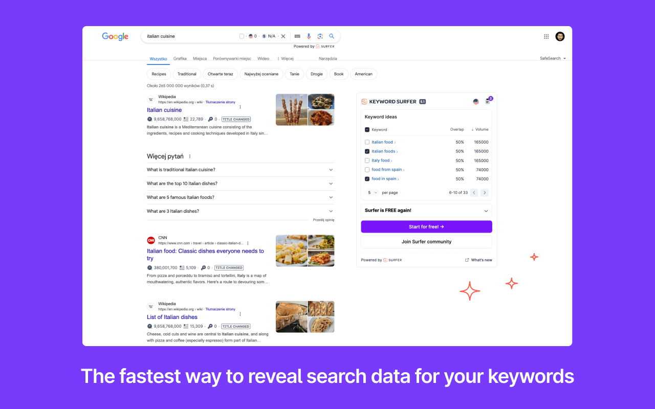 Keyword Surfer extension showing search volume while browsing Google
