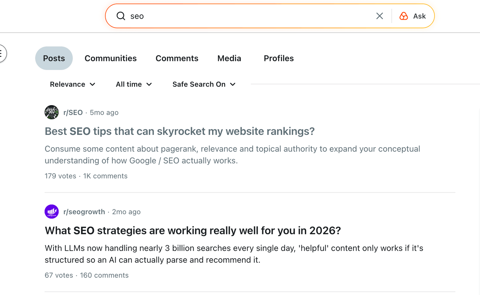 Reddit search results used to find real long-tail keyword language